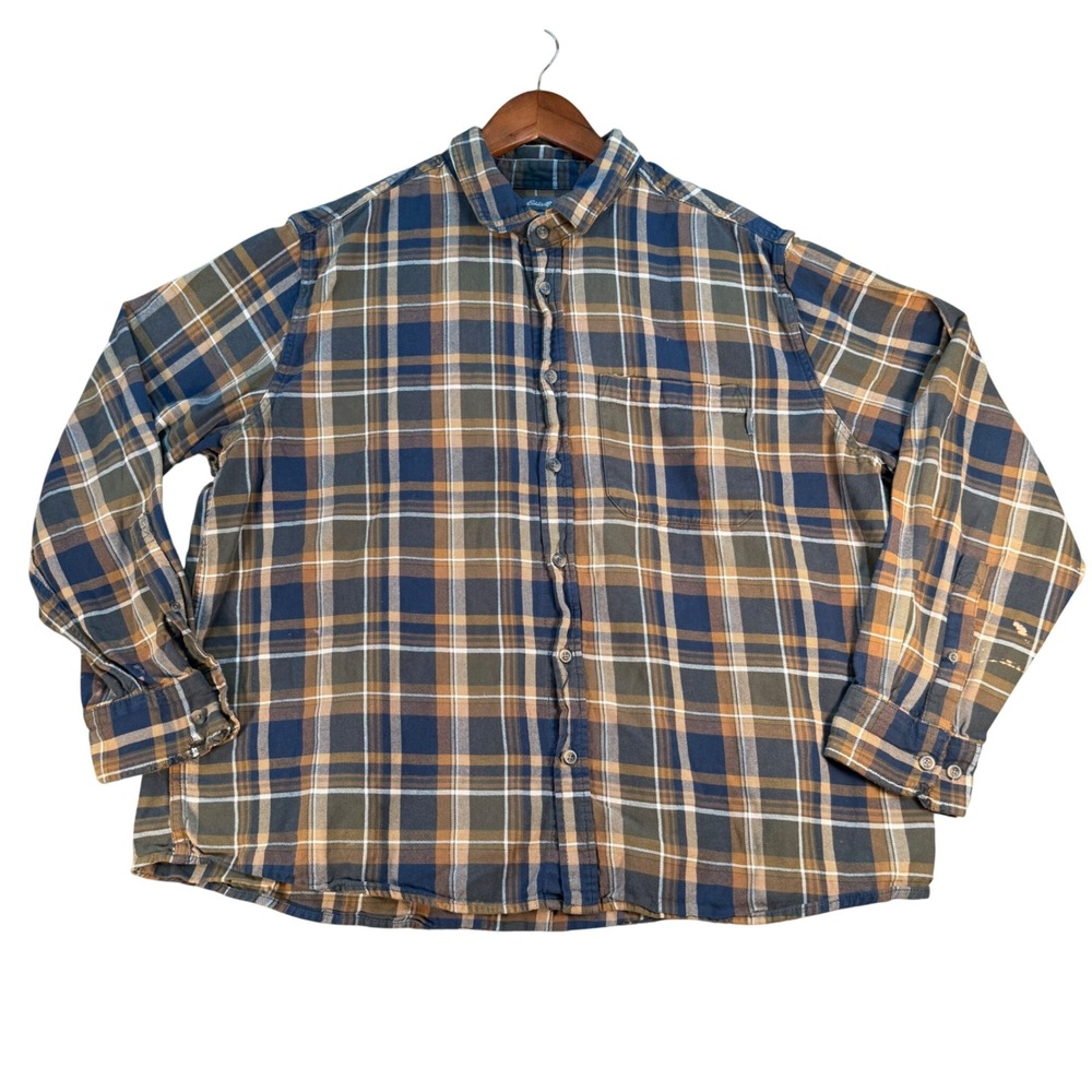 Eddie Bauer Mens XXL Flannel Shirt Plaid Long Sleeve Blue Tan Cotton Distressed